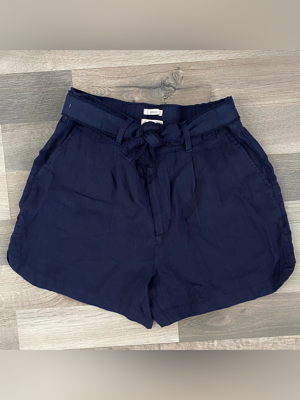 Navy Blue Laura Ashley Linen High Rise Belted Shorts Pockets Coastal Beach